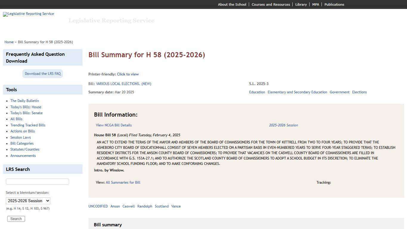 Bill Summary for H 58 (2025-2026) | Legislative Reporting Service