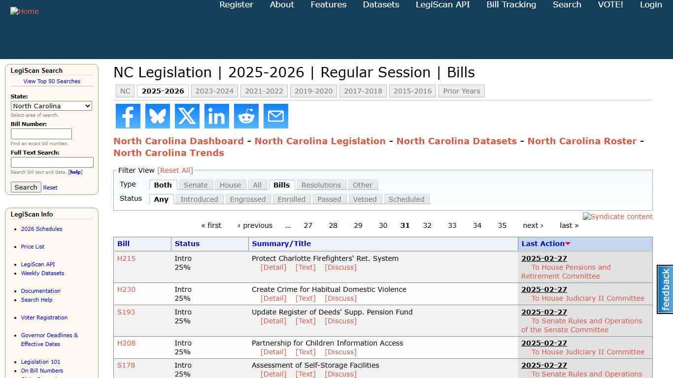 NC Legislation | 2025-2026 | Regular Session | Bills | LegiScan
